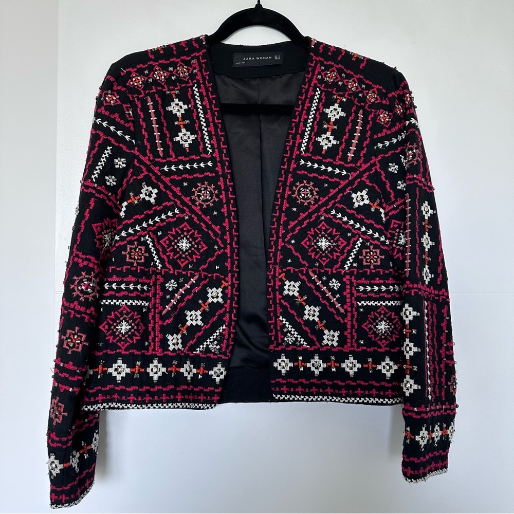 ZARA Ethnic Boho Embroidered Jacket Red Black Beaded Embellished Medium - Picture 2 of 16